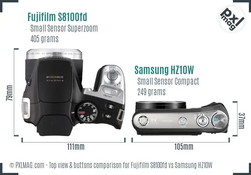 Fujifilm S8100fd vs Samsung HZ10W top view buttons comparison