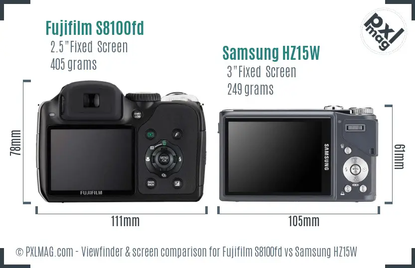 Fujifilm S8100fd vs Samsung HZ15W Screen and Viewfinder comparison