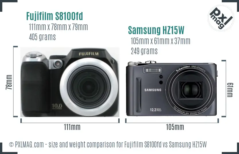 Fujifilm S8100fd vs Samsung HZ15W size comparison