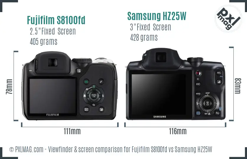 Fujifilm S8100fd vs Samsung HZ25W Screen and Viewfinder comparison Fujifilm S8100fd vs Samsung HZ25W Screen and Viewfinder comparison