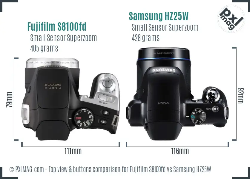 Fujifilm S8100fd vs Samsung HZ25W top view buttons comparison Fujifilm S8100fd vs Samsung HZ25W top view buttons comparison