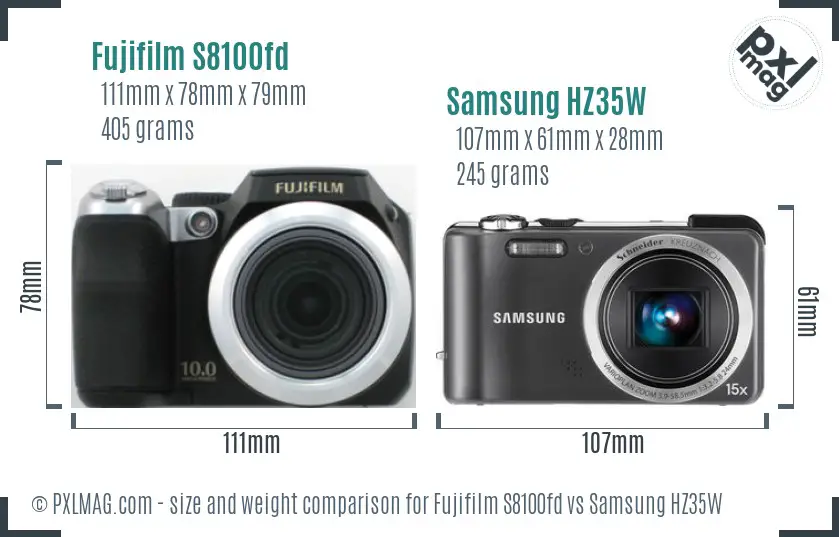 Fujifilm S8100fd vs Samsung HZ35W size comparison
