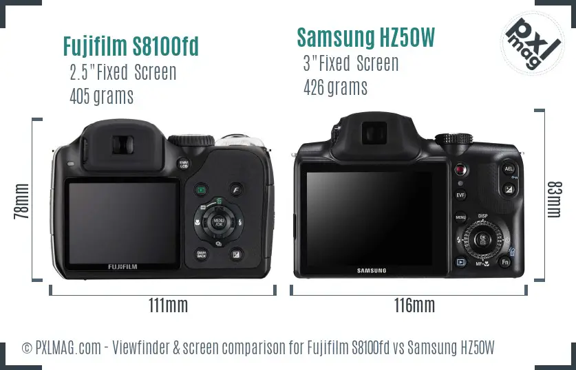 Fujifilm S8100fd vs Samsung HZ50W Screen and Viewfinder comparison