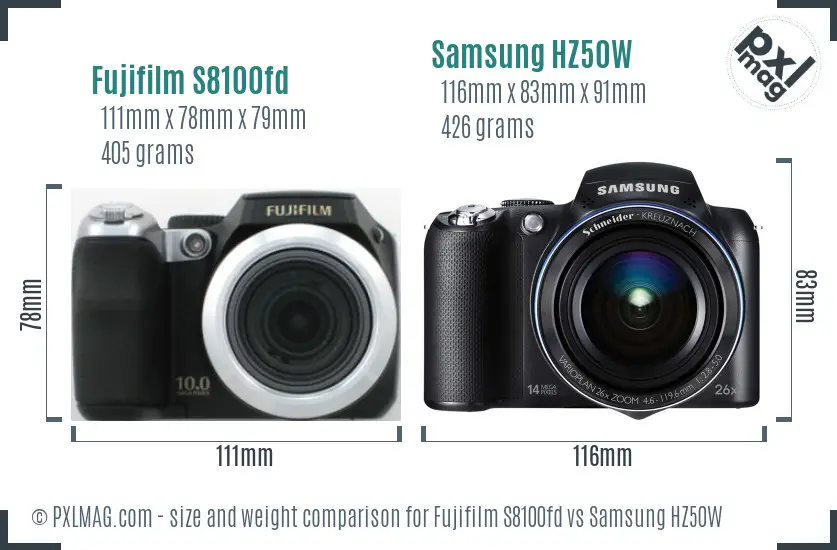 Fujifilm S8100fd vs Samsung HZ50W size comparison
