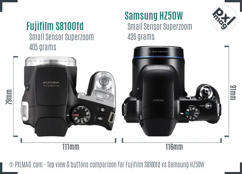 Fujifilm S8100fd vs Samsung HZ50W top view buttons comparison