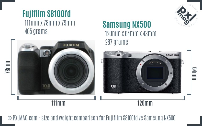 Fujifilm S8100fd vs Samsung NX500 size comparison