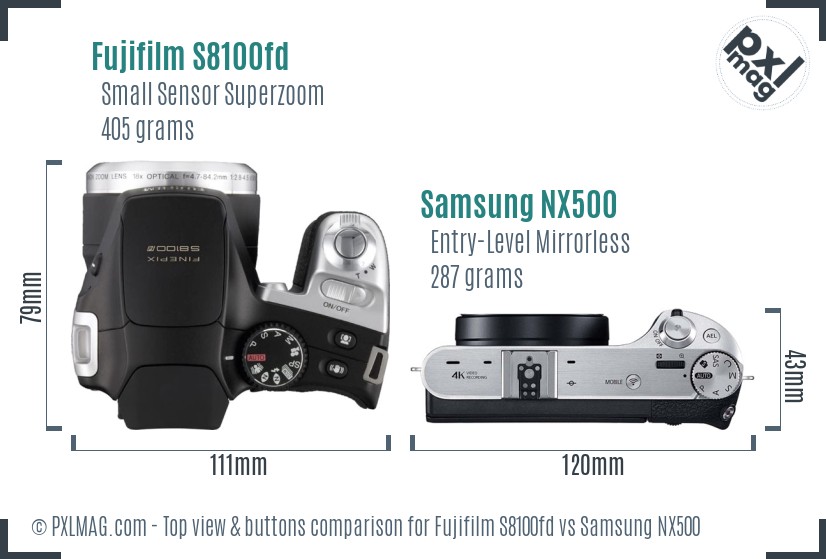 Fujifilm S8100fd vs Samsung NX500 top view buttons comparison
