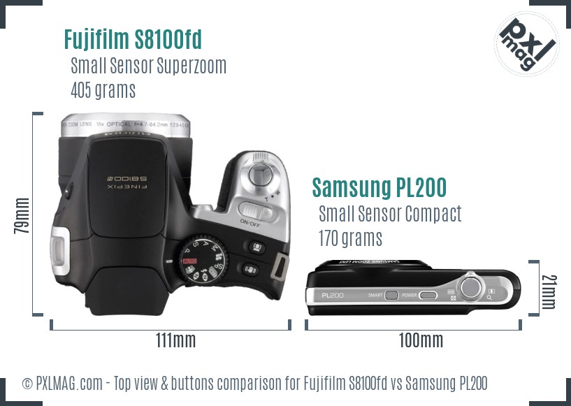 Fujifilm S8100fd vs Samsung PL200 top view buttons comparison