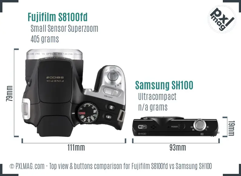 Fujifilm S8100fd vs Samsung SH100 top view buttons comparison
