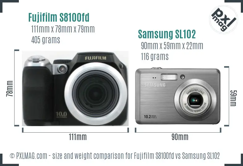 Fujifilm S8100fd vs Samsung SL102 size comparison