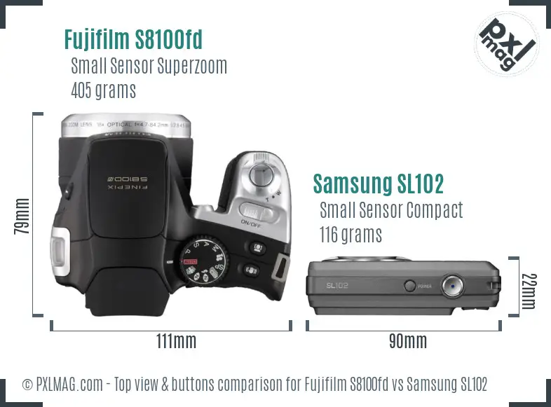 Fujifilm S8100fd vs Samsung SL102 top view buttons comparison