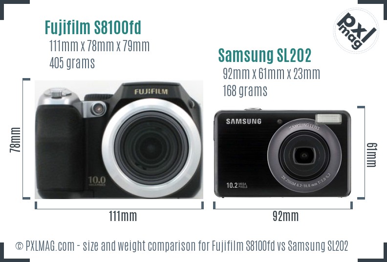 Fujifilm S8100fd vs Samsung SL202 size comparison