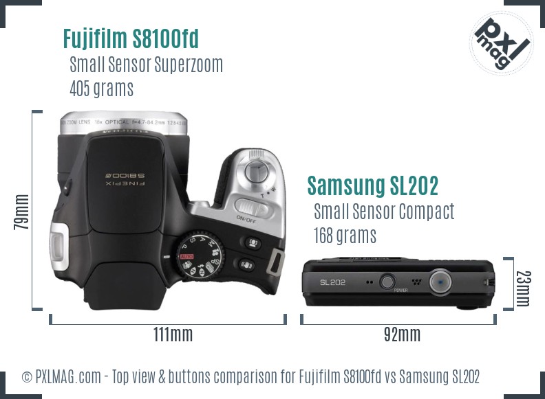 Fujifilm S8100fd vs Samsung SL202 top view buttons comparison