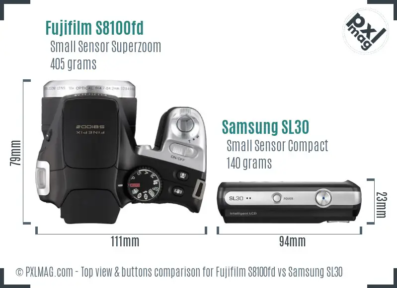 Fujifilm S8100fd vs Samsung SL30 top view buttons comparison Fujifilm S8100fd vs Samsung SL30 top view buttons comparison