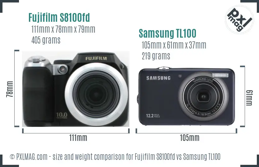 Fujifilm S8100fd vs Samsung TL100 size comparison