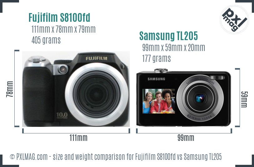 Fujifilm S8100fd vs Samsung TL205 size comparison