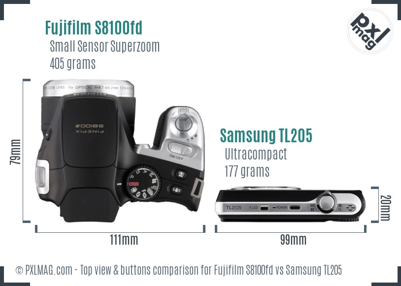 Fujifilm S8100fd vs Samsung TL205 top view buttons comparison
