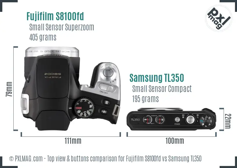 Fujifilm S8100fd vs Samsung TL350 top view buttons comparison Fujifilm S8100fd vs Samsung TL350 top view buttons comparison