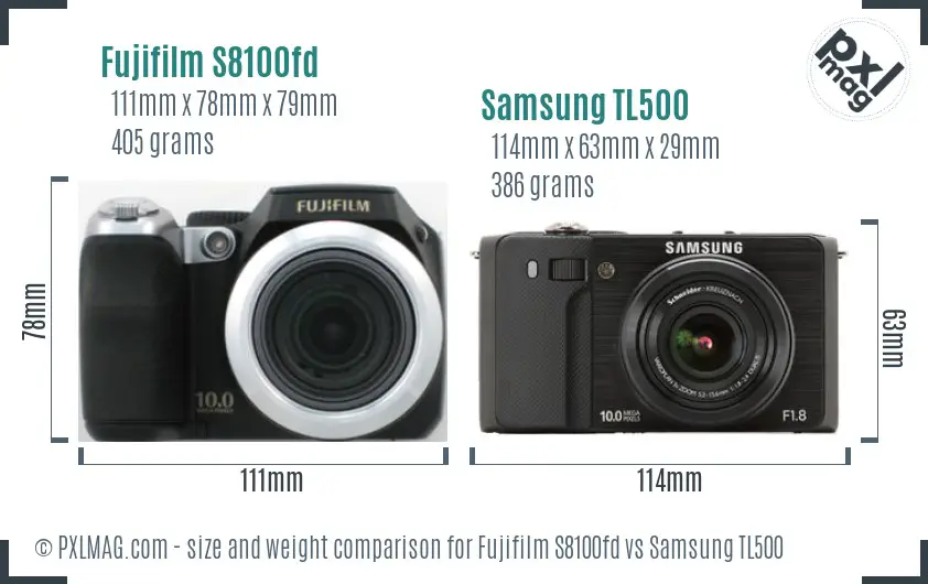 Fujifilm S8100fd vs Samsung TL500 size comparison