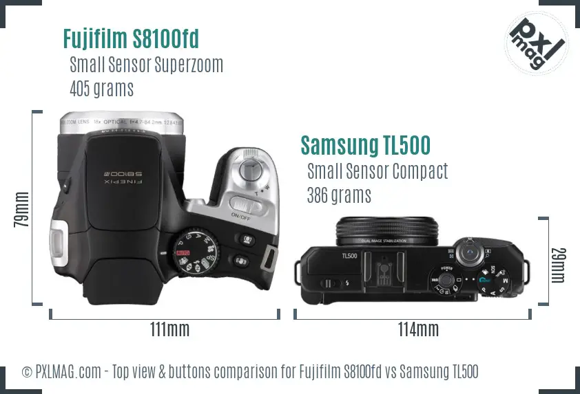 Fujifilm S8100fd vs Samsung TL500 top view buttons comparison