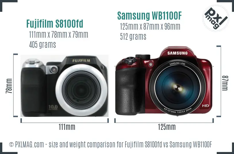 Fujifilm S8100fd vs Samsung WB1100F size comparison