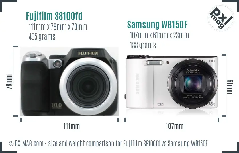 Fujifilm S8100fd vs Samsung WB150F size comparison