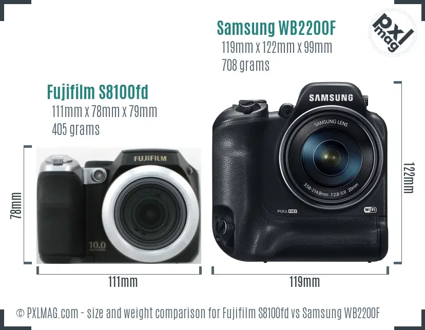 Fujifilm S8100fd vs Samsung WB2200F size comparison