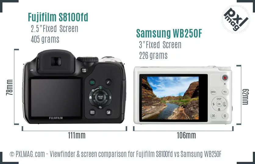 Fujifilm S8100fd vs Samsung WB250F Screen and Viewfinder comparison