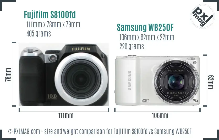 Fujifilm S8100fd vs Samsung WB250F size comparison