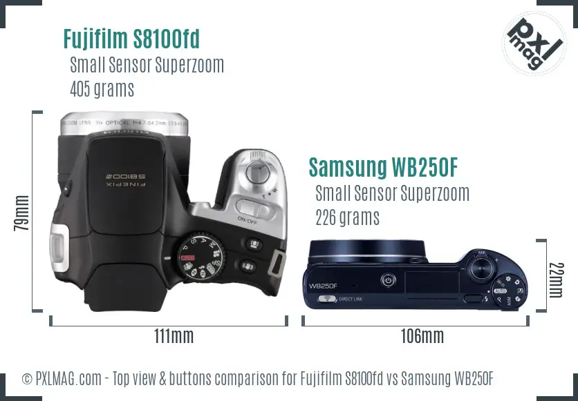 Fujifilm S8100fd vs Samsung WB250F top view buttons comparison