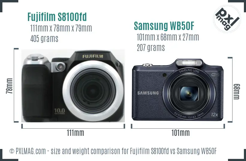 Fujifilm S8100fd vs Samsung WB50F size comparison