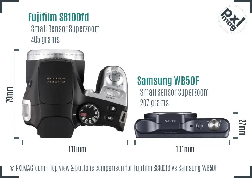 Fujifilm S8100fd vs Samsung WB50F top view buttons comparison