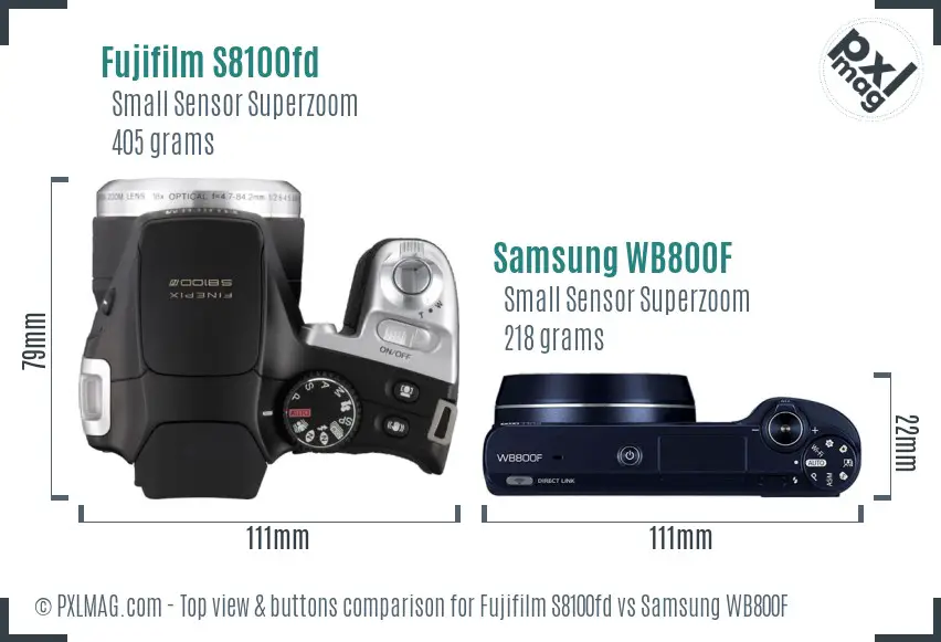 Fujifilm S8100fd vs Samsung WB800F top view buttons comparison Fujifilm S8100fd vs Samsung WB800F top view buttons comparison
