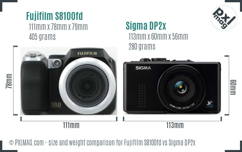 Fujifilm S8100fd vs Sigma DP2x size comparison