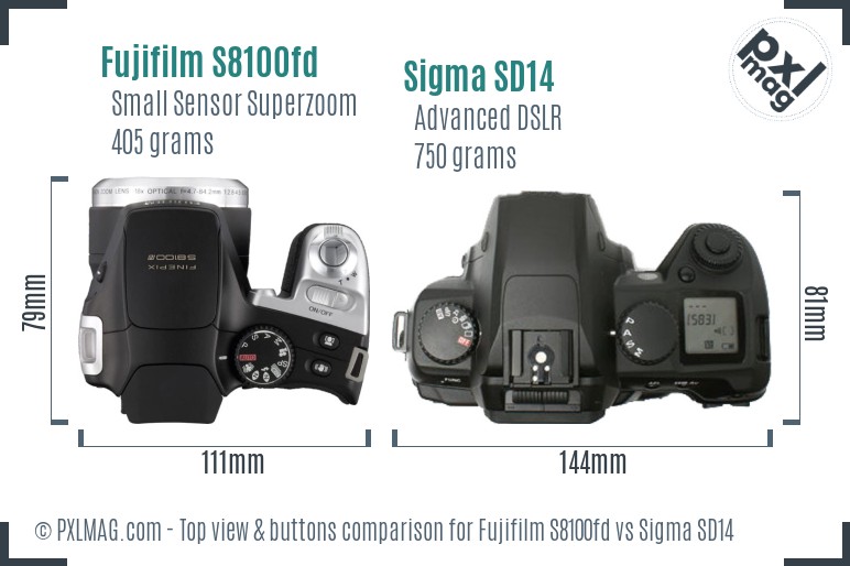 Fujifilm S8100fd vs Sigma SD14 top view buttons comparison