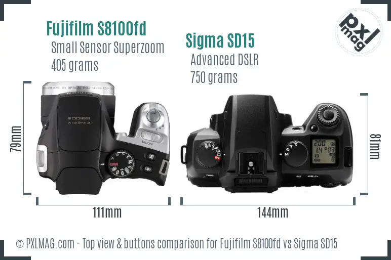 Fujifilm S8100fd vs Sigma SD15 top view buttons comparison