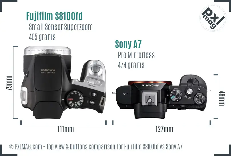 Fujifilm S8100fd vs Sony A7 top view buttons comparison