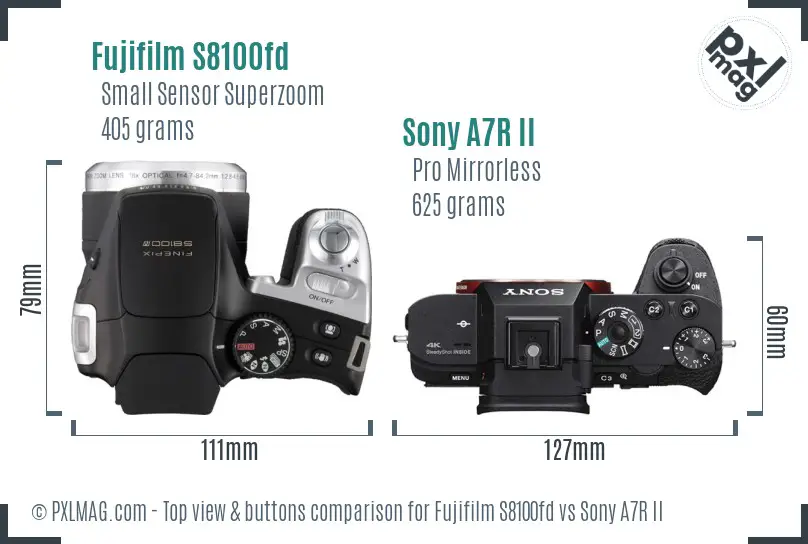Fujifilm S8100fd vs Sony A7R II top view buttons comparison