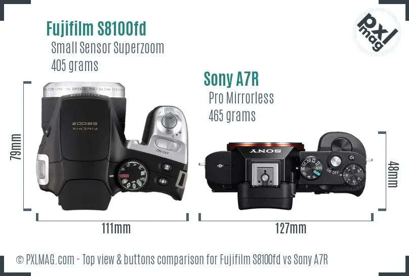 Fujifilm S8100fd vs Sony A7R top view buttons comparison