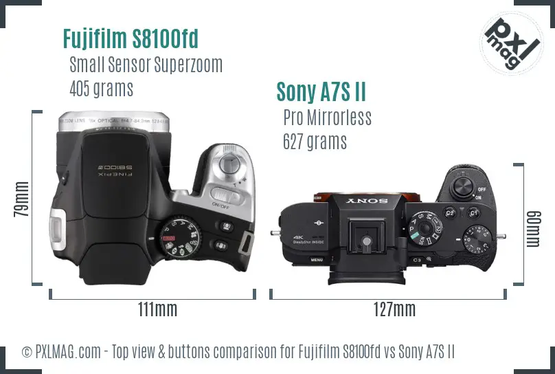 Fujifilm S8100fd vs Sony A7S II top view buttons comparison