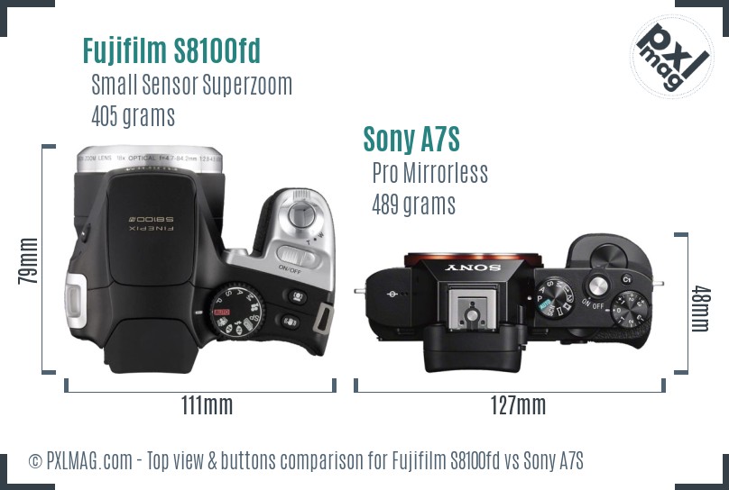 Fujifilm S8100fd vs Sony A7S top view buttons comparison