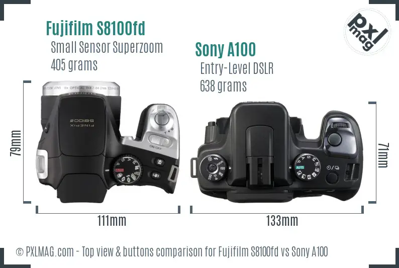 Fujifilm S8100fd vs Sony A100 top view buttons comparison