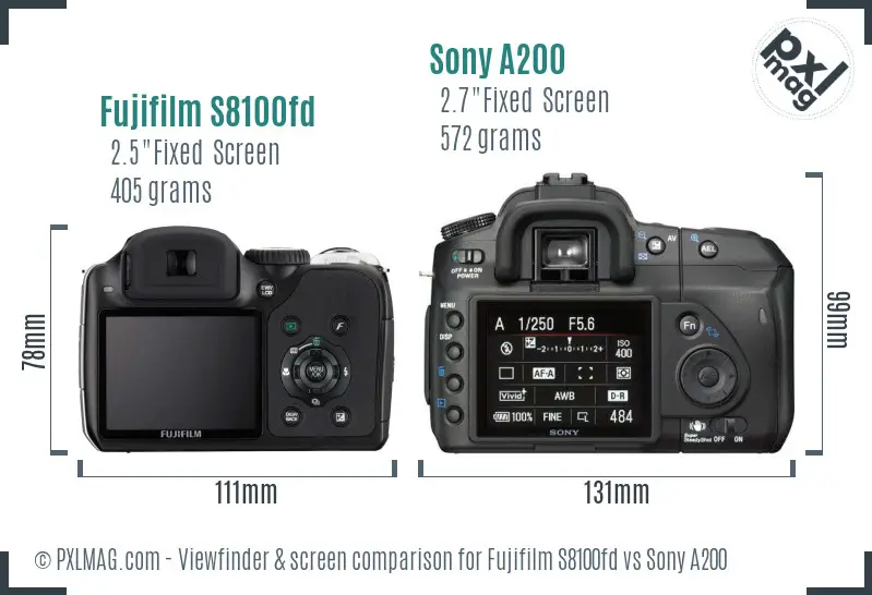 Fujifilm S8100fd vs Sony A200 Screen and Viewfinder comparison
