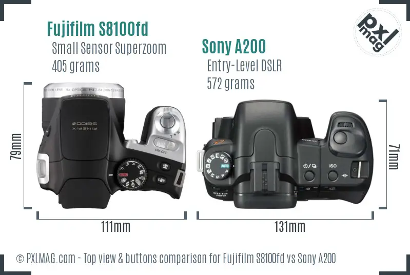 Fujifilm S8100fd vs Sony A200 top view buttons comparison