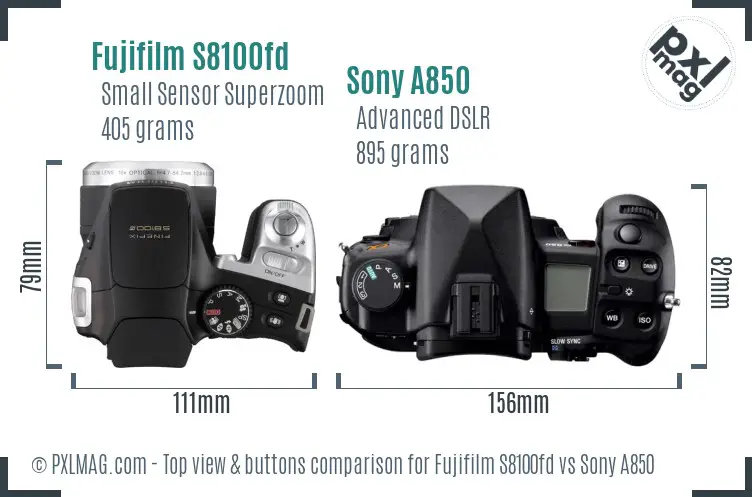 Fujifilm S8100fd vs Sony A850 top view buttons comparison