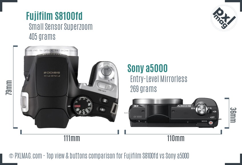 Fujifilm S8100fd vs Sony a5000 top view buttons comparison