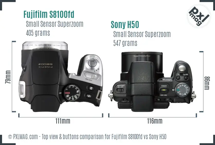 Fujifilm S8100fd vs Sony H50 top view buttons comparison