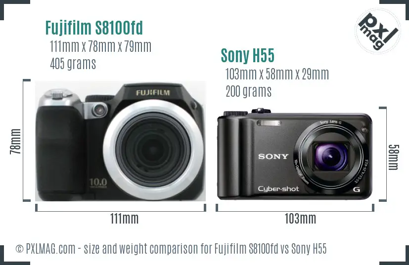 Fujifilm S8100fd vs Sony H55 size comparison