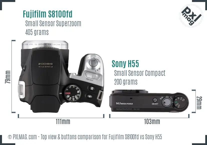 Fujifilm S8100fd vs Sony H55 top view buttons comparison