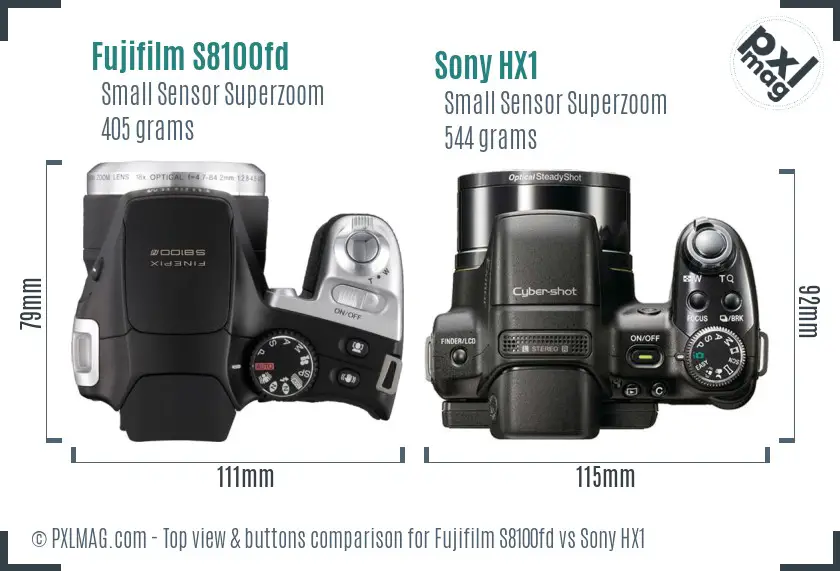 Fujifilm S8100fd vs Sony HX1 top view buttons comparison